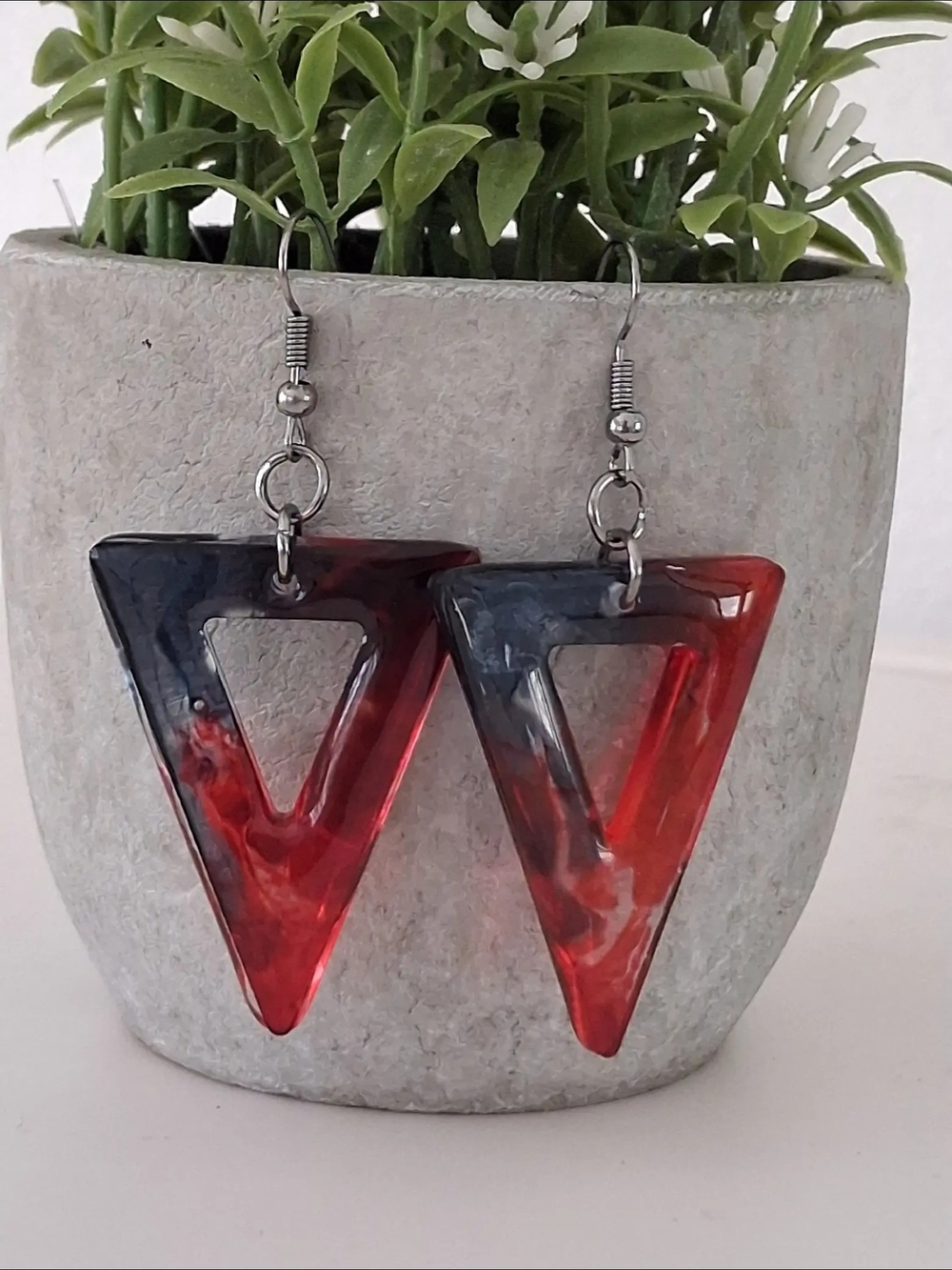 Red and Black Triangle Resin Drop Earrings - Unbranded